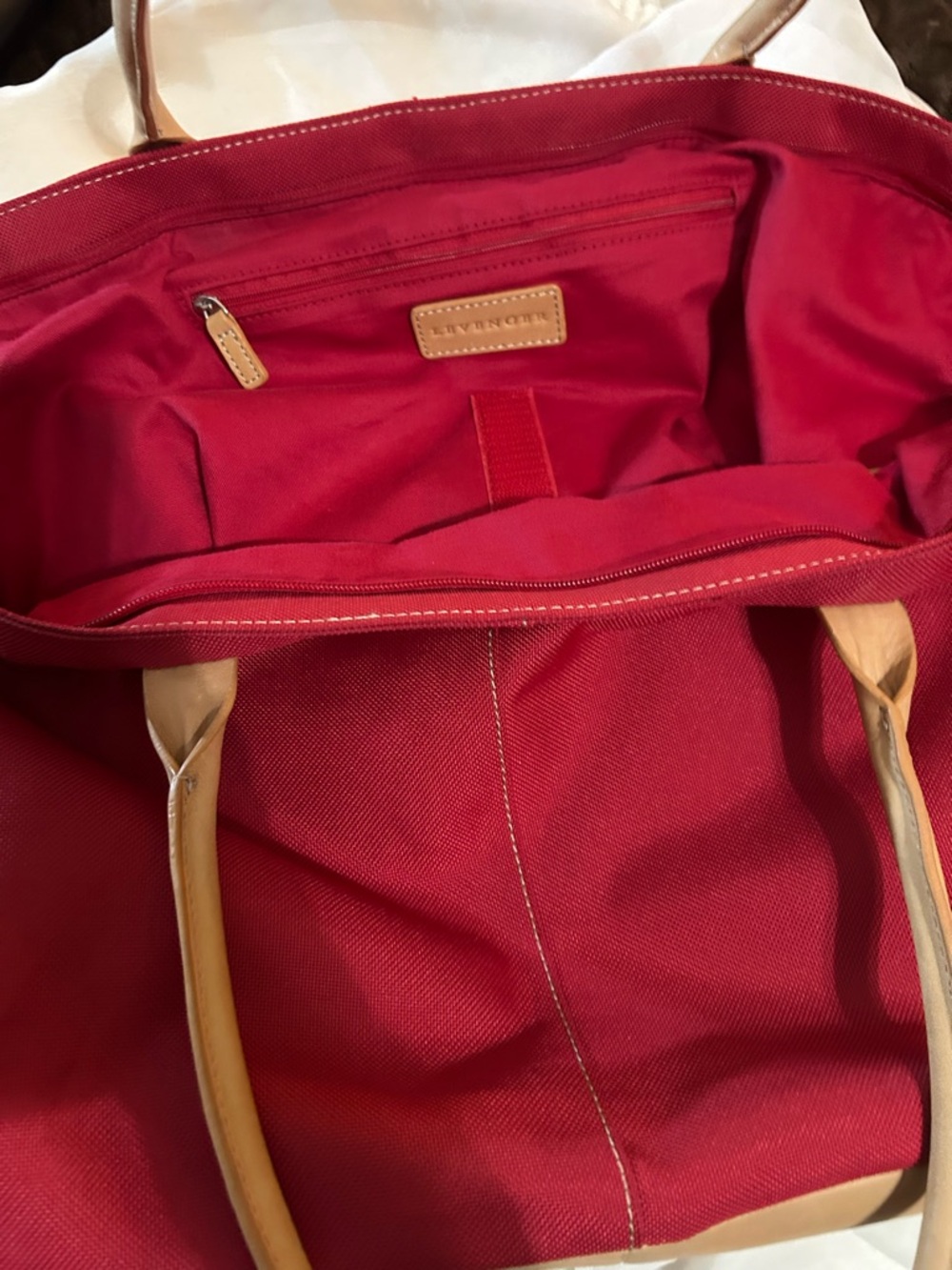 Levenger Red Canvas Leather Trim Tote Organizer Travel Work Bag